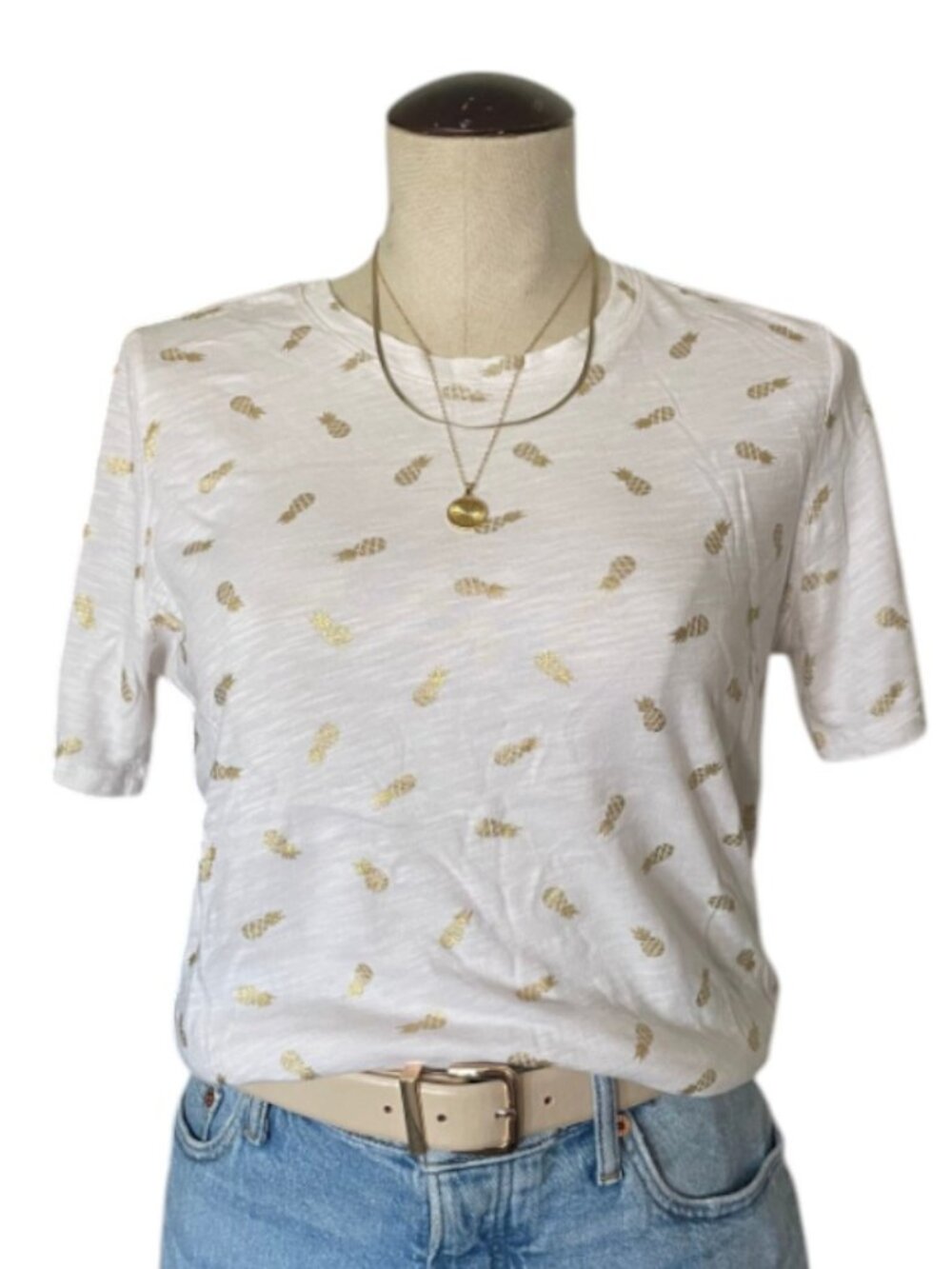 Banana Republic White Malibu Slub Crew Neck Tee Gold Pineapple Print - Size S - Picture 2 of 4